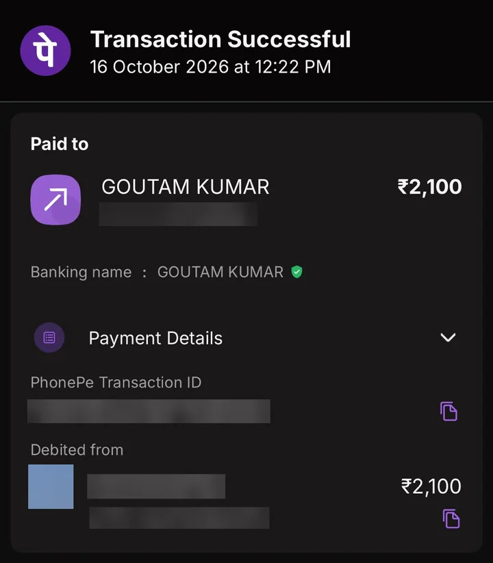 PhonePe receipt: ₹2,100 paid to Goutam Kumar for the Mebrix Impex project, Transaction Successful on 16 October 2026